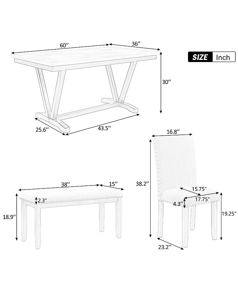 Streamdale Furniture 6 Piece Modern Dining Set with Marble Veneer Table and Bench