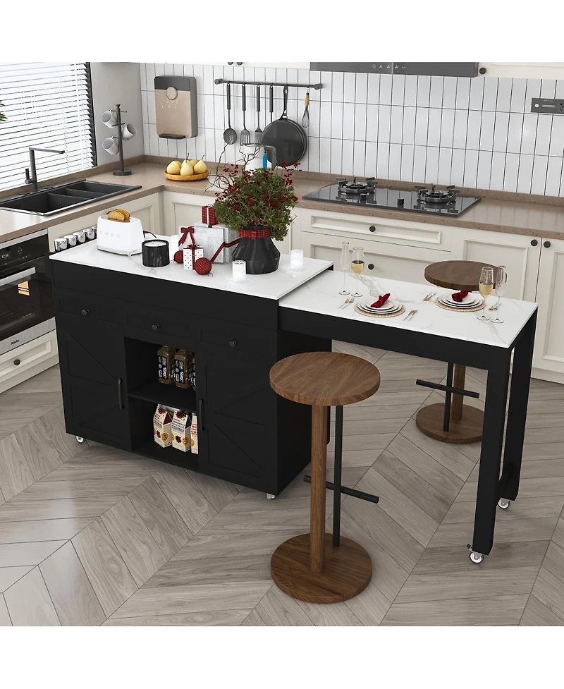 Streamdale Furniture Kitchen Island with Extendable Table, Marble Top, Power Outlet and Storage