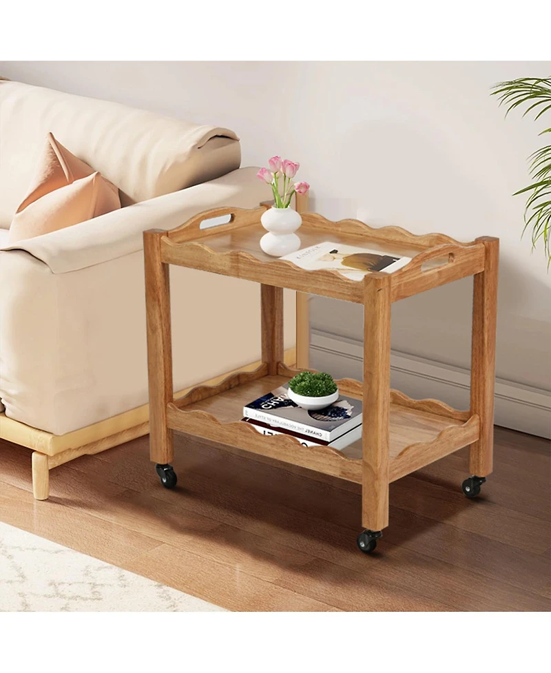 Streamdale Furniture 2-Tier Solid Rubberwood Rolling Side Table with Removable Tray