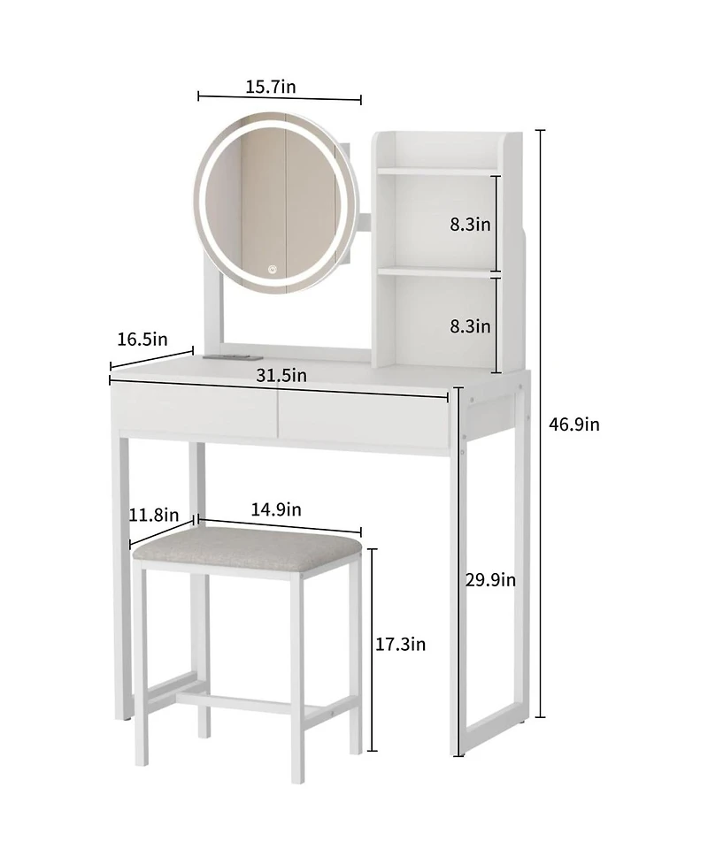 Streamdale Furniture Small Vanity Desk with Led Mirror, Power Outlet