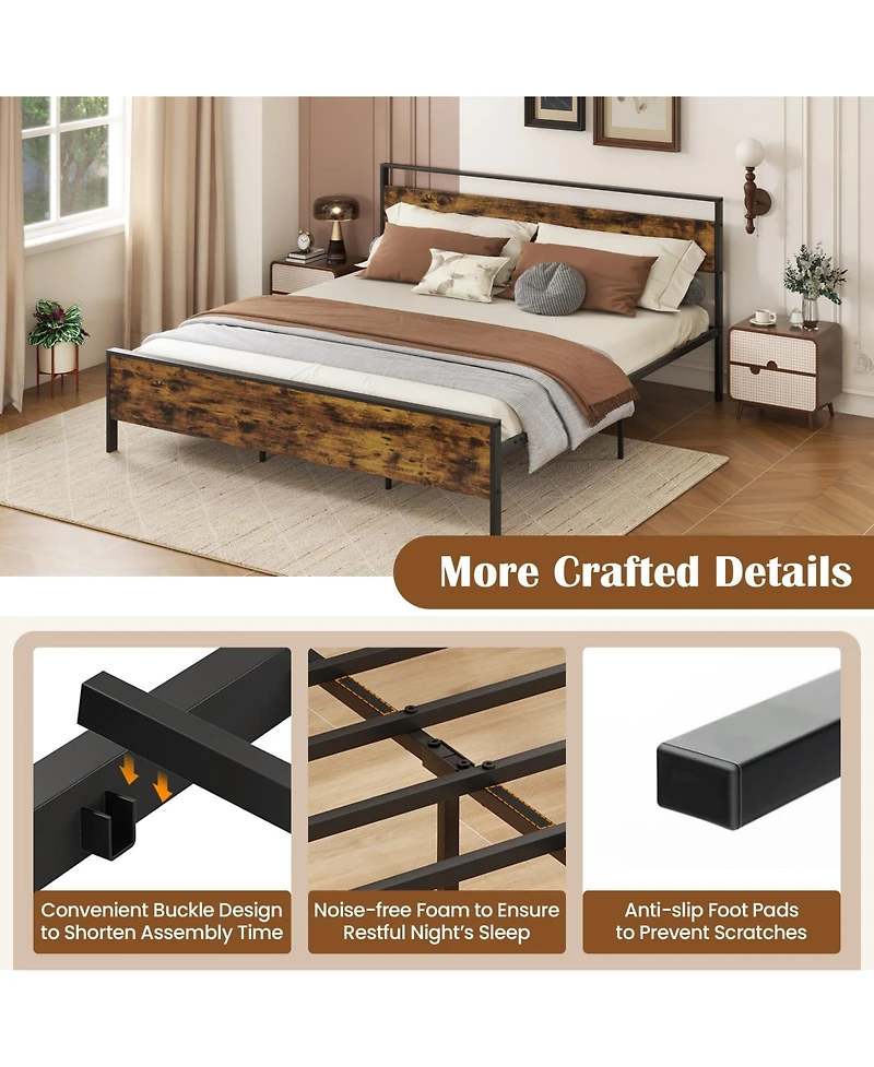 Slickblue Modern Industrial Bed Frame with Wood Headboard and Metal Base