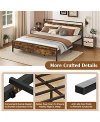 Slickblue Modern Industrial Bed Frame with Wood Headboard and Metal Base