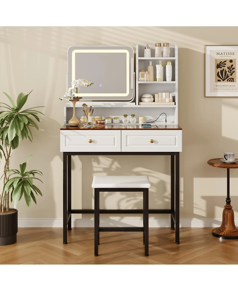 Streamdale Furniture Makeup Vanity with Led Mirror, 2 Drawers, Power Outlet and Stool