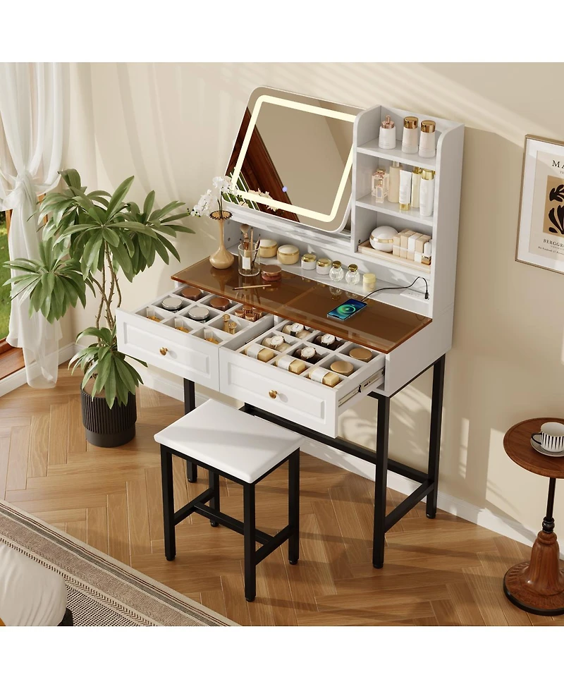 Streamdale Furniture Makeup Vanity with Led Mirror, 2 Drawers, Power Outlet and Stool