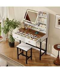 Streamdale Furniture Makeup Vanity with Led Mirror, 2 Drawers, Power Outlet and Stool