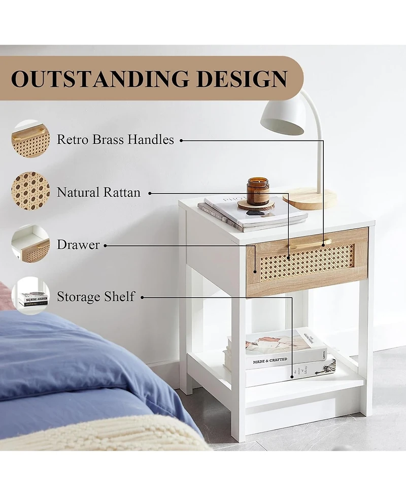 Rainsken Rattan Nightstand, Wooden Bedside Table with Drawer and Open Storage Shelf, End Table for Living Room, Bedroom