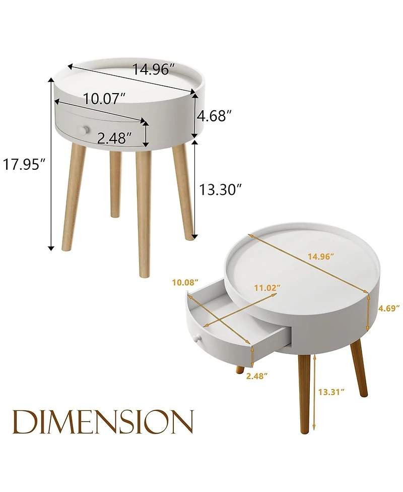 Rainsken Round Nightstand with Storage Drawer, Compact Oak Legs Bedside Table, Sofa Side Coffee Table for Bedroom, Living Room
