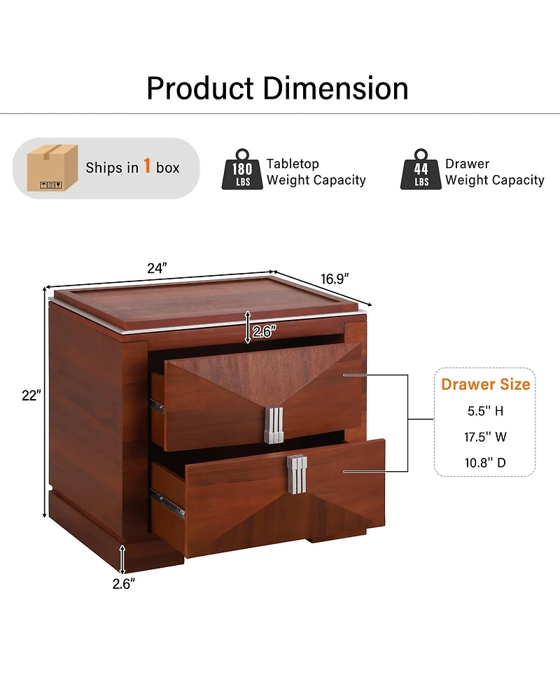 Rainsken Modern Nightstand, Wood Diamond Shaped End Table, 2 Drawers Bedside Table with Storage for Bedroom, Living Room, Entrance