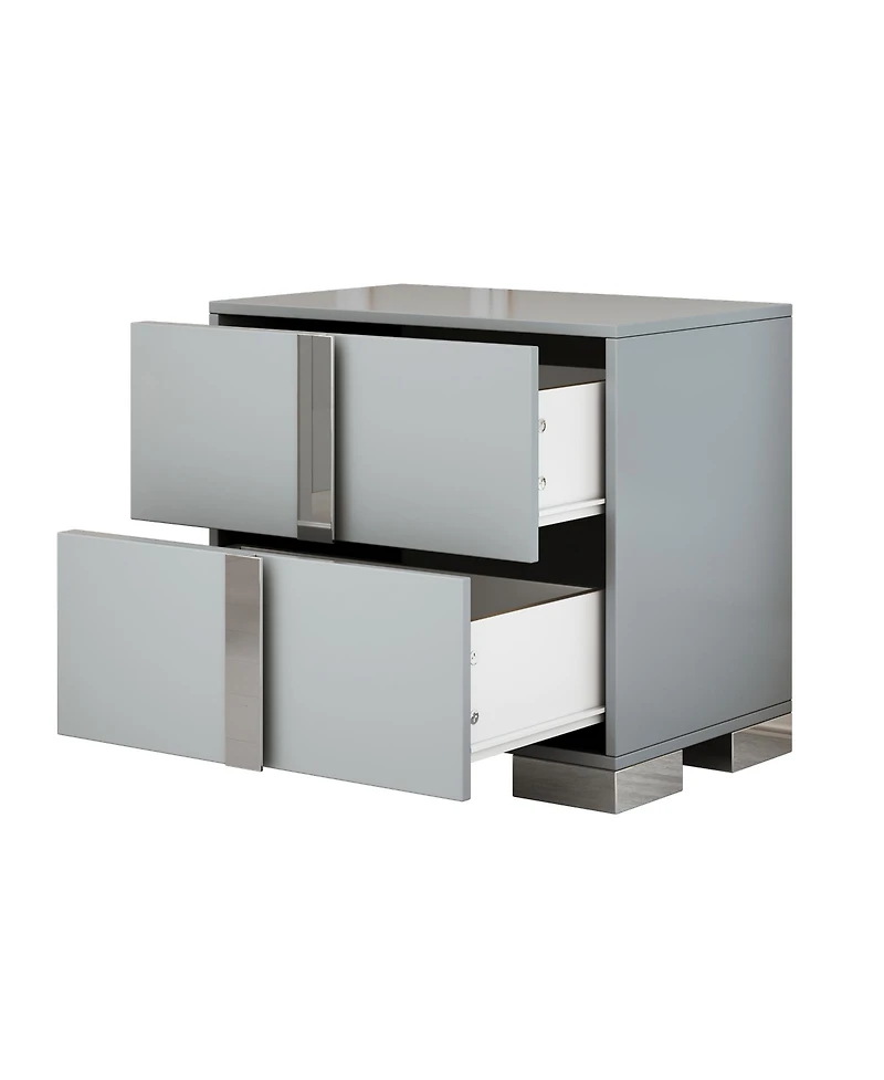 Rainsken 1 Pc Mdf Elegant Nightstand with Silver Mirrored Handle and 2 Drawers Bedside Table
