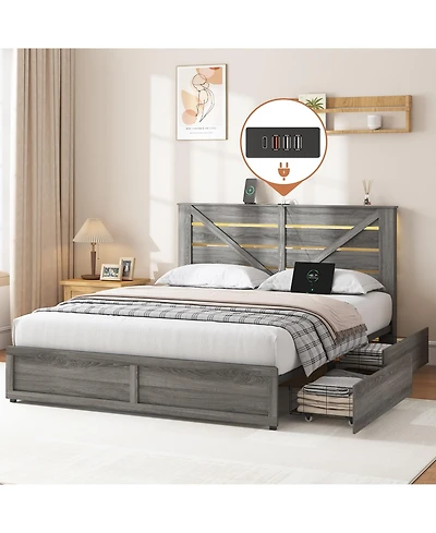 Lucky One Queen-size Storage Bed Frame with Storage Headboard 4 Storage Drawers on Bed Body ,Led