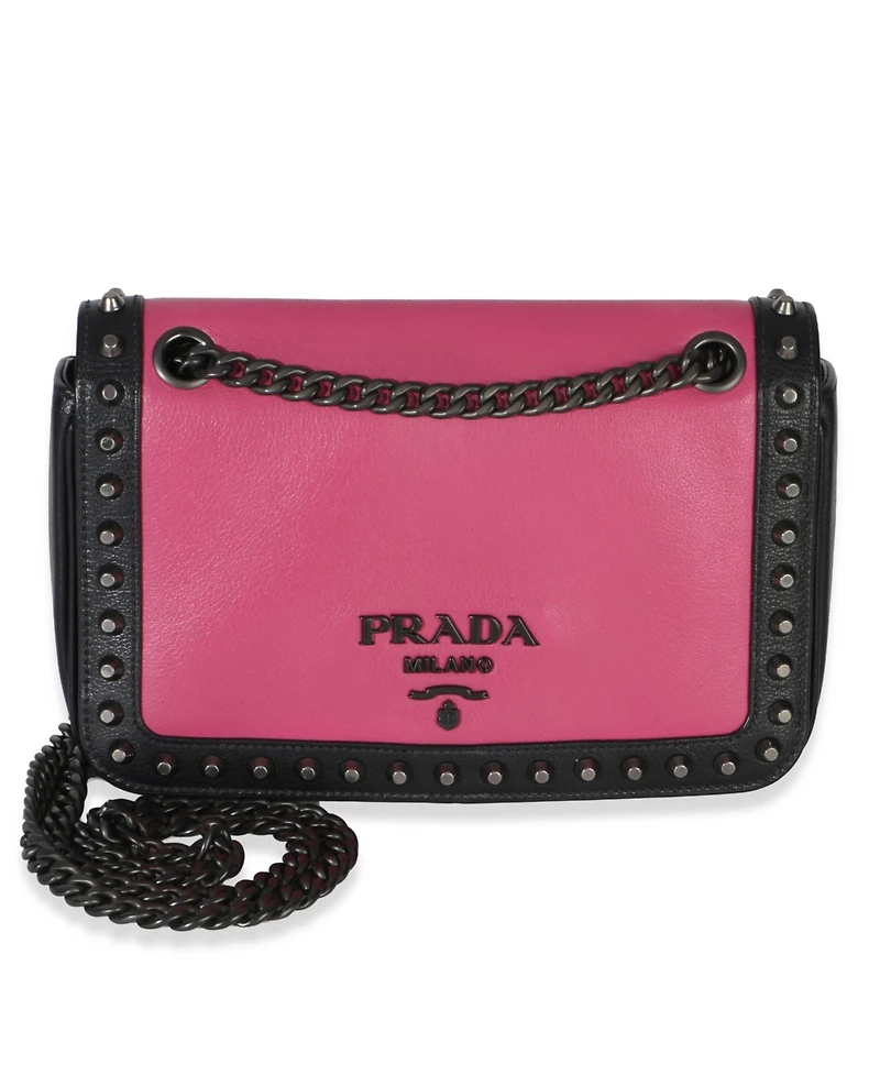 Pre-Owned Prada Black Pink Calfskin Glace Studded Chain Flap
