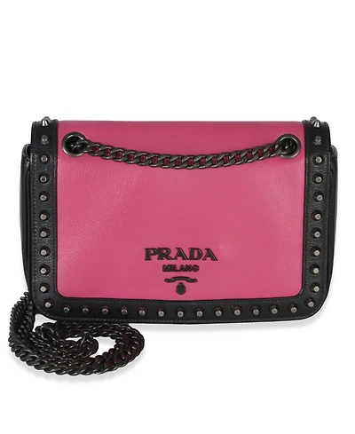 Pre-Owned Prada Black Pink Calfskin Glace Studded Chain Flap
