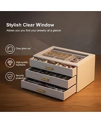 Yigii Leather Jewelry Organizer Clear Lid 2 Drawers for Necklace Ring Bracelet Earring
