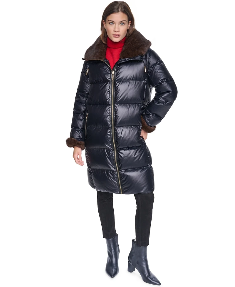 Halston Women's Long Faux Fur Cuff and Collared Puffer