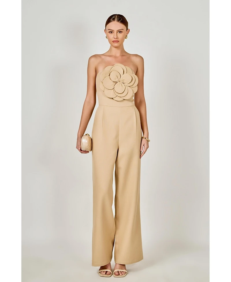 endless rose Women's Floral Applique Strapless Jumpsuit