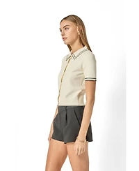 English Factory Women's Collared Short Sleeve Knit Cardigan Sweaters