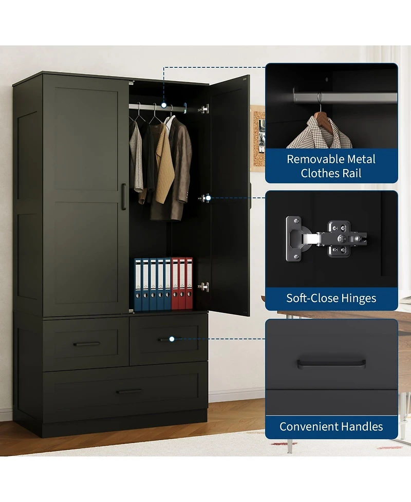 gaomon Freestanding Wardrobe Closet with Hanging Rod and 3 Drawers, 70" Tall Wooden Storage Cabinet for Bedroom