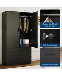 gaomon Freestanding Wardrobe Closet with Hanging Rod and 3 Drawers, 70" Tall Wooden Storage Cabinet for Bedroom