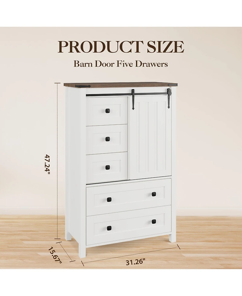 homfan Farmhouse 5 Drawer Dresser for Bedroom, Wood Dresser Chest of Drawer with Sliding Barn Door, Adjustable Shelf