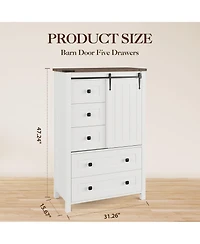 homfan Farmhouse 5 Drawer Dresser for Bedroom, Wood Dresser Chest of Drawer with Sliding Barn Door, Adjustable Shelf