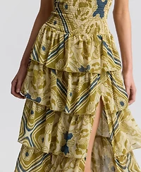 Avec Les Filles Women's Printed Smocked-Bodice Ruffle-Tiered Maxi Dress