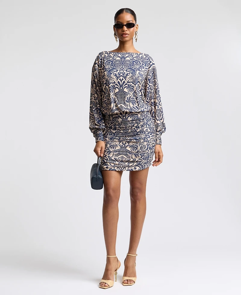Avec Les Filles Women's Boat Neck Ruched Printed Mini Dress