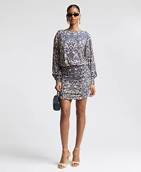 Avec Les Filles Women's Boat Neck Ruched Printed Mini Dress