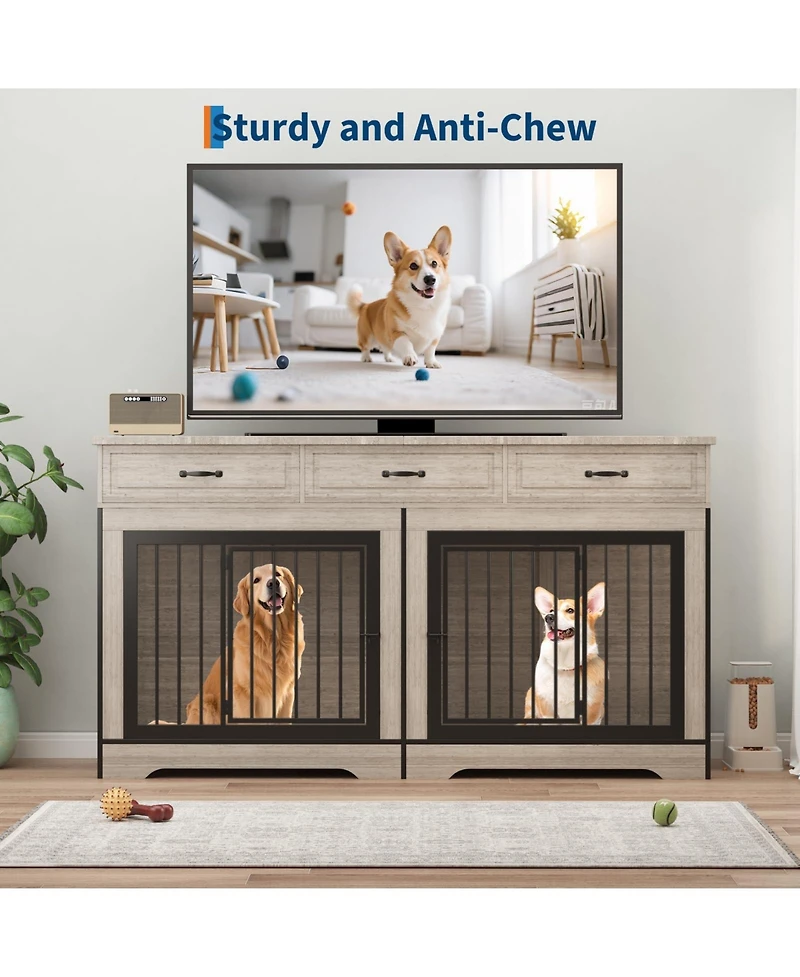 Gaomon Extra Large Double Dog Crate Furniture for 2 Medium Large Dogs Wooden Kennel End Table Tv Stand Chew Resistant with 3 Storage Drawers