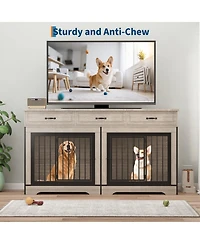 Gaomon Extra Large Double Dog Crate Furniture for 2 Medium Large Dogs Wooden Kennel End Table Tv Stand Chew Resistant with 3 Storage Drawers