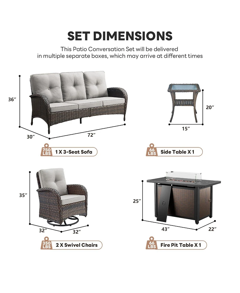 Pocassy Patio Furniture Set with Fire Pit Table, Wicker Outdoor Sectional Sofa Swivel Rocker Chairs, All-Weather Rattan Conversation