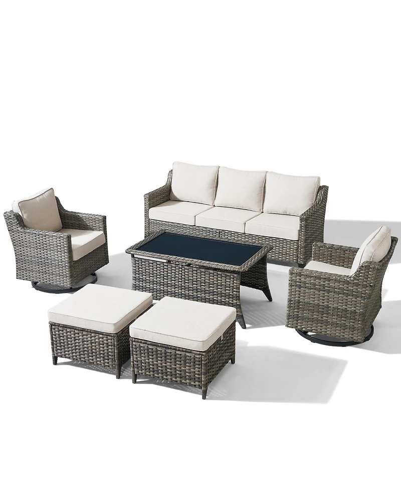Pocassy 6 Pieces Patio Furniture Set, Outdoor Couch with Swivel Rocking Chair, Thick Cushion