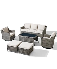 Pocassy 6 Pieces Patio Furniture Set, Outdoor Couch with Swivel Rocking Chair, Thick Cushion