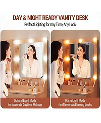 homfan Vanity Desk With Mirror Lights Dressing Table Adjustable Bulbs Outlets and Usb Ports Mdf Top Metal Leg Storage Drawers & Cabinets