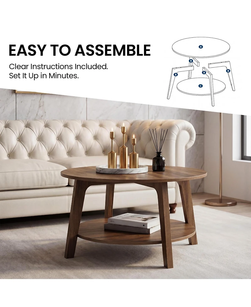 Gaomon 2-Tier Modern Round Coffee Table with Storage Shelf for Living Room, Wooden Accent Table with Curved Legs