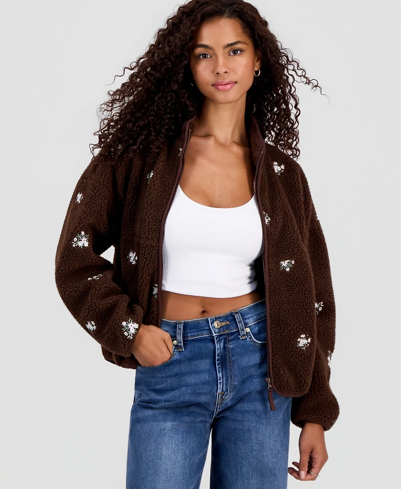 Planet Gold Juniors' Floral Embroidered Zip-Front Fleece Jacket