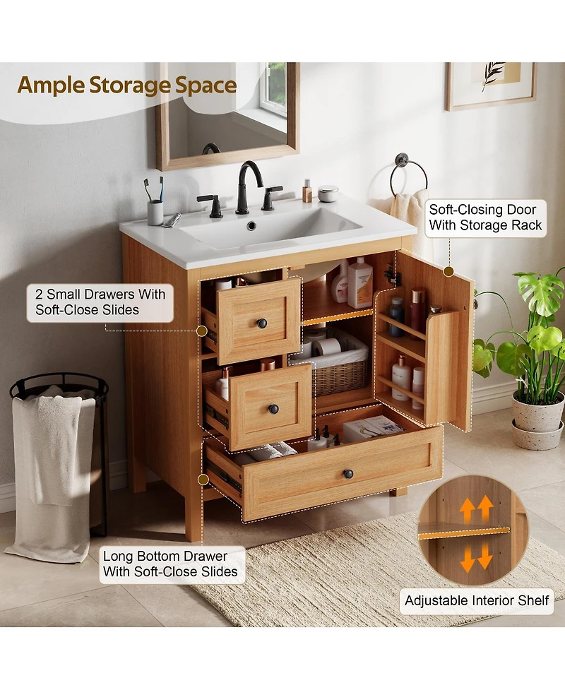 Sillysis 30 Inch Bathroom Vanity with Sink, Freestanding Wood Cabinet, Soft Close Drawers and Door, Modern Farmhouse Storage