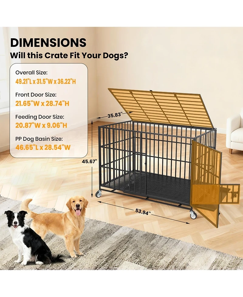 Gaomon Heavy Duty Escape-Proof Metal Dog Crate for Dogs Steel Kennel with 3 Doors, Double Lock, Removable Tray Locking Wheels, Indoor Cage