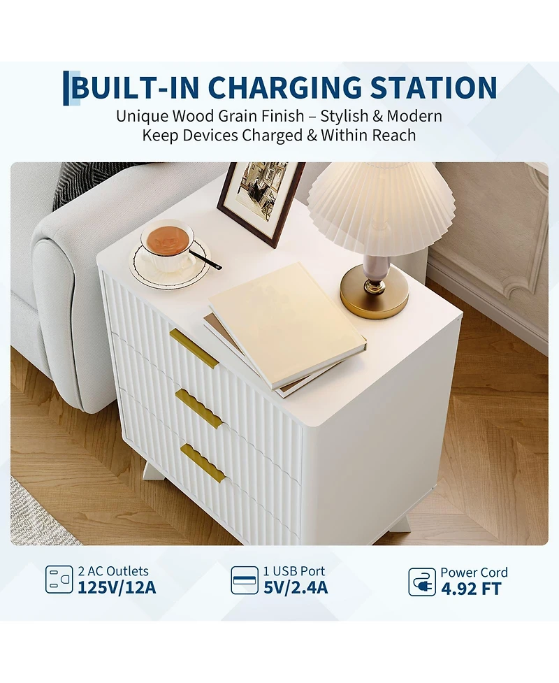 homfan 3-Drawer Fluted Nightstand with Metal Handles, Bedside Table and End Table for Bedroom and Living Room