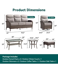 Pocassy Patio Furniture Set Wicker Conversation Rocking Bistro with Sofa, Coffee Table, Tempered Glass Side Table and Ottoman