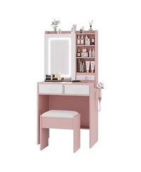 gaomon Vanity Set with Led Mirror and Charging Station, 2 Drawers, Cushioned Stool, for Bedroom