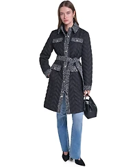 Karl Lagerfeld Paris Womens Long Quilted Tweed-Trim Coat