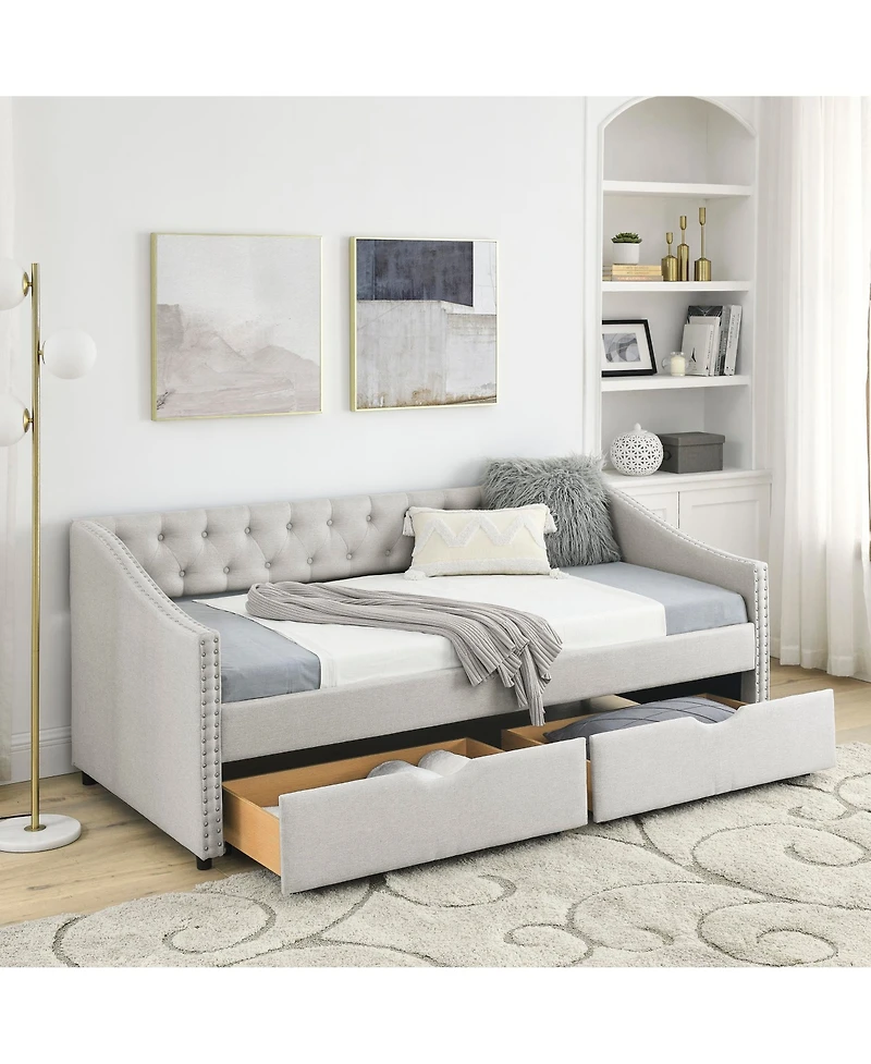 Clihome Daybed with Drawers Upholstered Tufted Sofa Bed, Button on Back and Copper Nail Waved Shape Arms