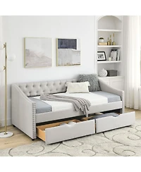 Clihome Daybed with Drawers Upholstered Tufted Sofa Bed, Button on Back and Copper Nail Waved Shape Arms
