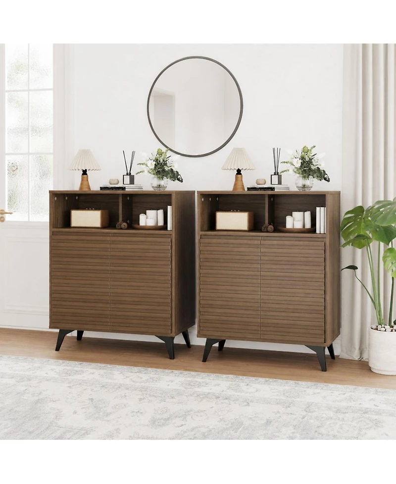 homfan Set of 2 Farmhouse Sideboard Buffet Cabinet - Fluted Storage with Adjustable Shelves for Dining Room, Entryway or Kitchen