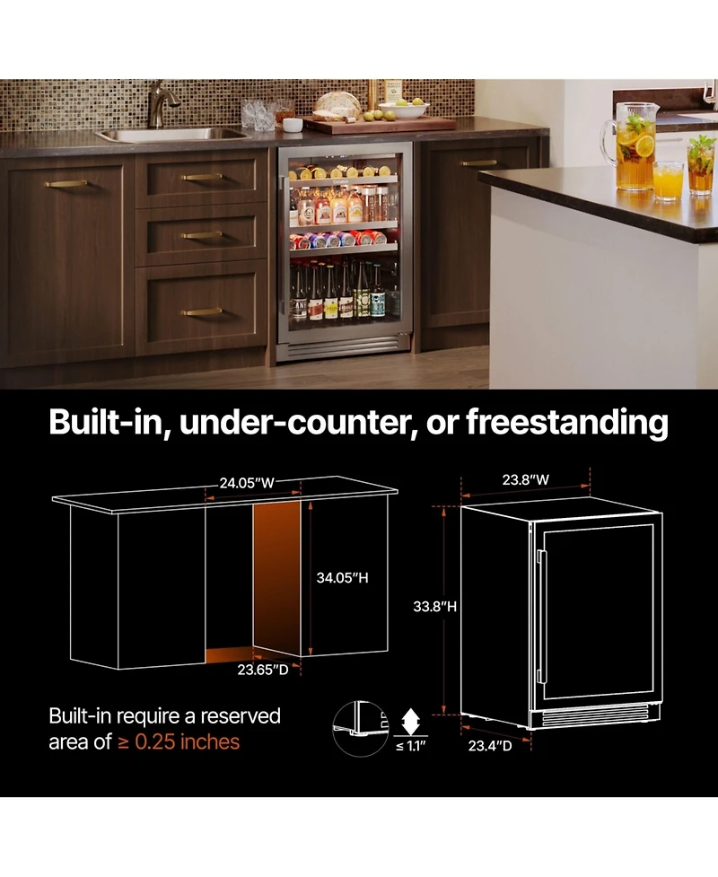 Ca'Lefor 24 Inch Beverage Refrigerator , 180 Can, Glass Door, Built In or Freestanding, 5.65 Cubic Feet, for Home