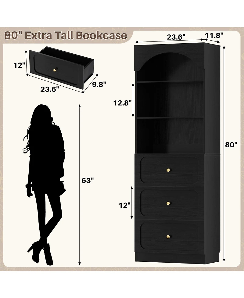 Aheaplus Wooden Pantry Storage Cabinets with 3-Tier Open Shelves, 80" Tall Bookshelf 3 Drawers