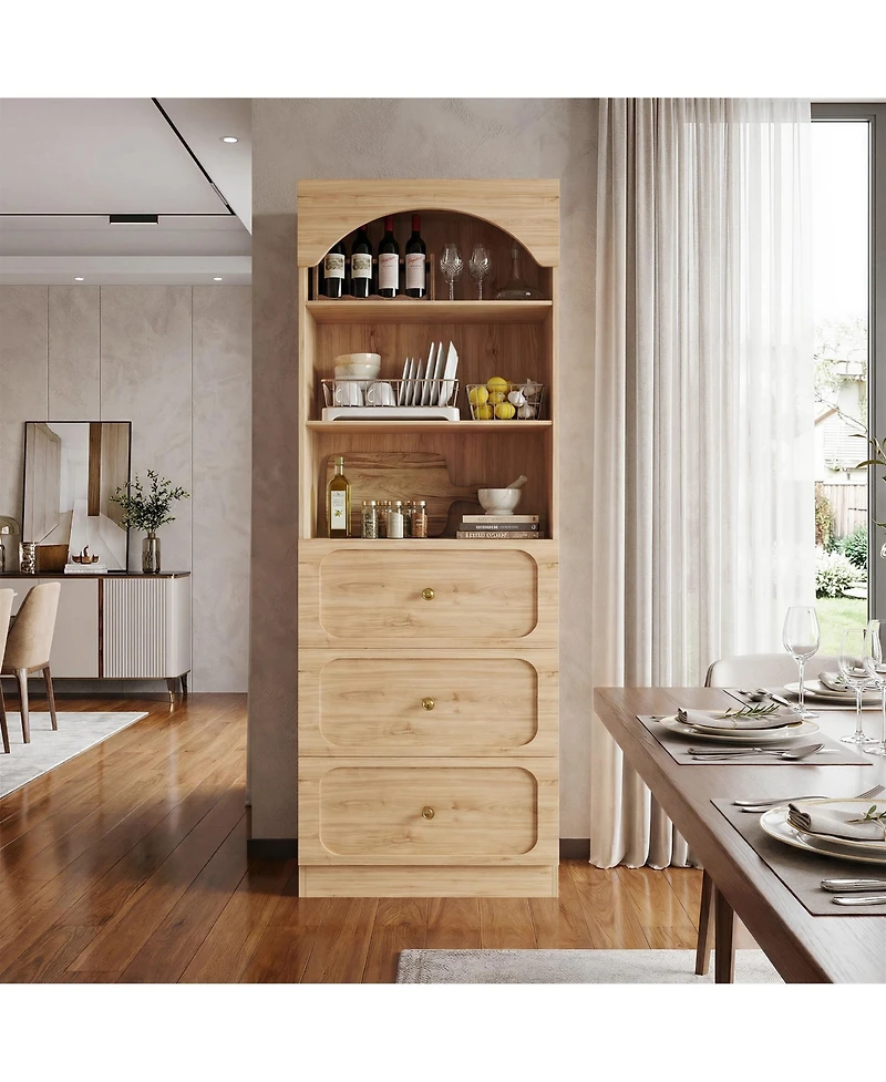 Aheaplus Wooden Pantry Storage Cabinets with 3-Tier Open Shelves, 80" Tall Bookshelf 3 Drawers