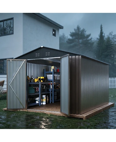 Homfan 8 x 12 Ft Galvanized Steel Outdoor Storage Shed Tool Room, Heavy Duty Garden Tool House with Vents and T-Handle Lock