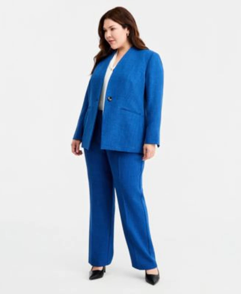 Kasper Plus Size Collarless One Button Blazer L Pocket Straight Pants