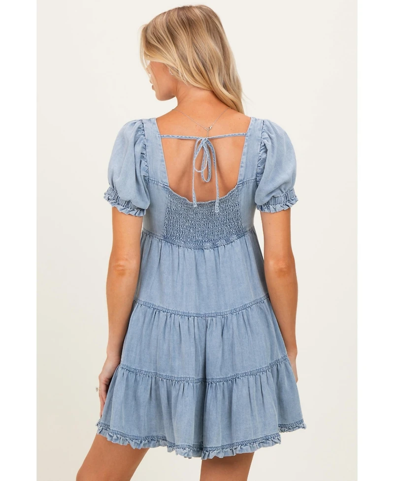 Pinkblush Denim Washed Chambray Tiered Babydoll Maternity Mini Dress
